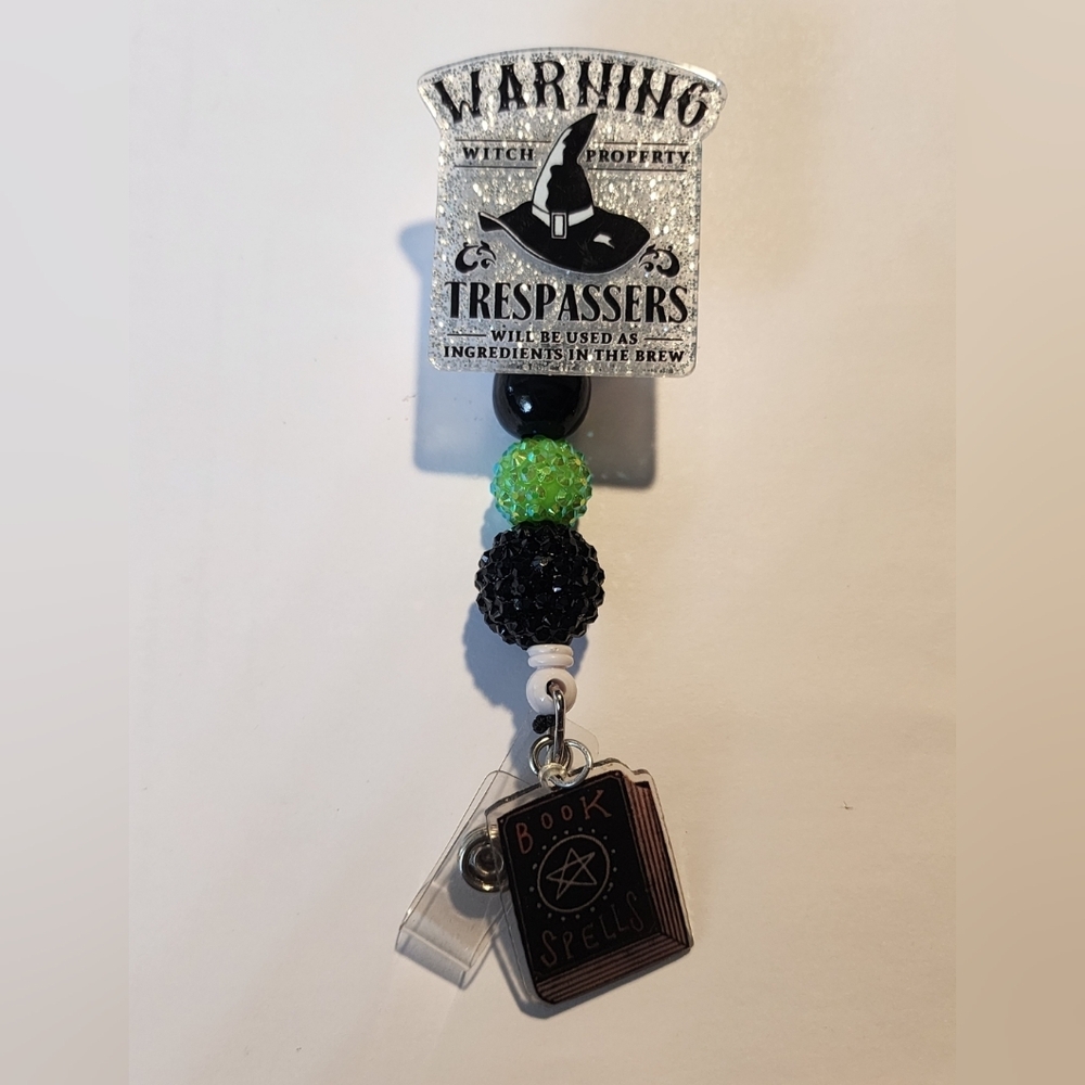 Witch Badge Reel Halloween Beaded Badge Clip ID Holder‎ Book of Spells Charm